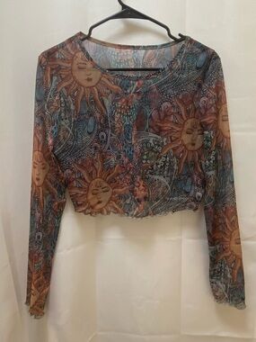 Sheer Sun-Print Long Sleeve Crop Top - Brown & Blue
